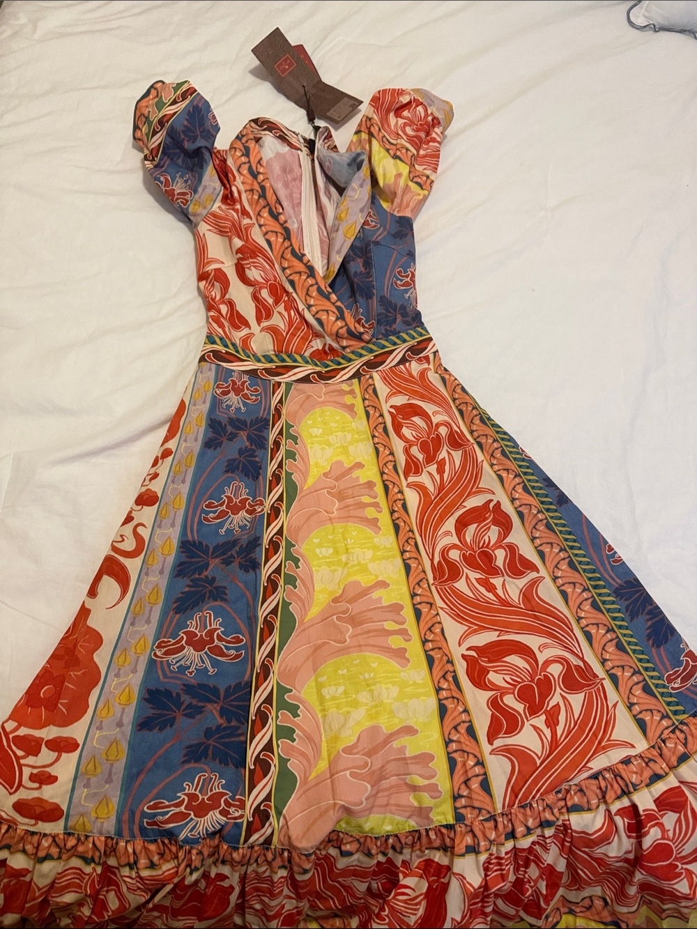One-Shoulder Multi-Panel Floral Midi Dress in Red, Blue & Yellow